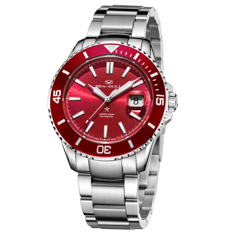 Seagull Men's Automatic Mechanical Watch Ocean Series 200m Waterproof Diving Wristwatch Luxury Red Watch Luminous Sapphire 1523