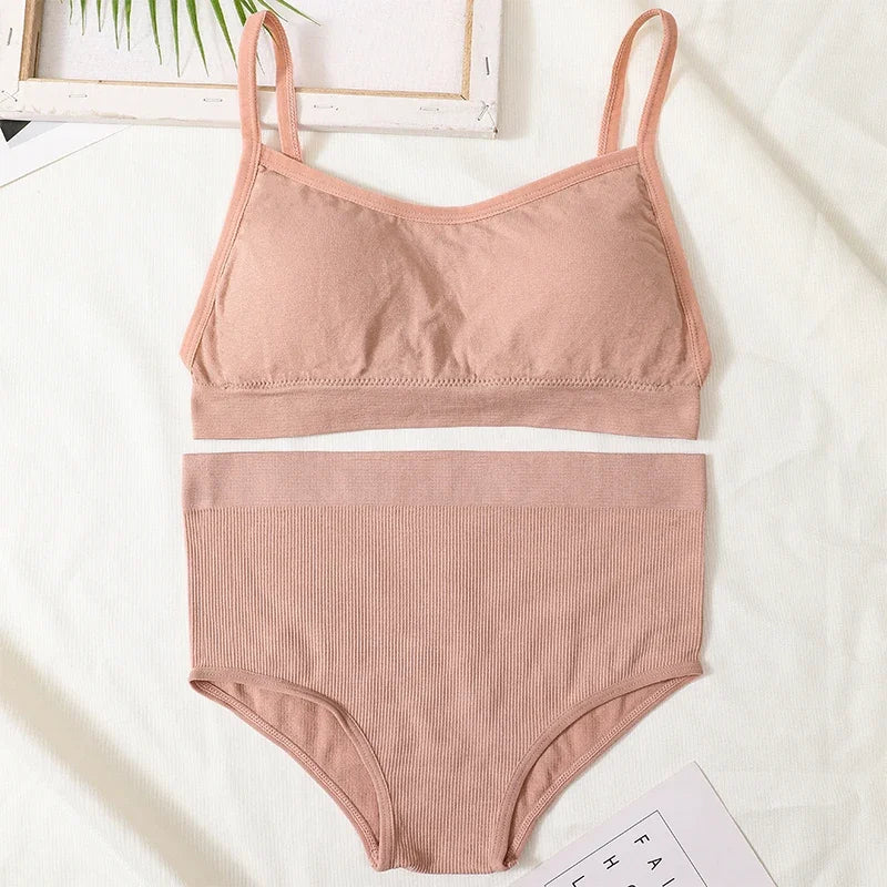 Women Seamless Bra Set Sexy Backless Ribbed High Waist Panties Female Lingerie Set Crop Top Seamless Briefs Underwear