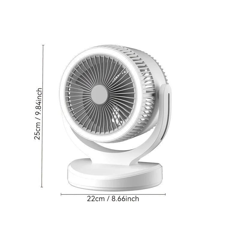 360-Degree Rotatable White Desk Fan with Night Light Charging Air Cycle Desktop Fan Adjustable Airflow for Indoor & Outdoor Use