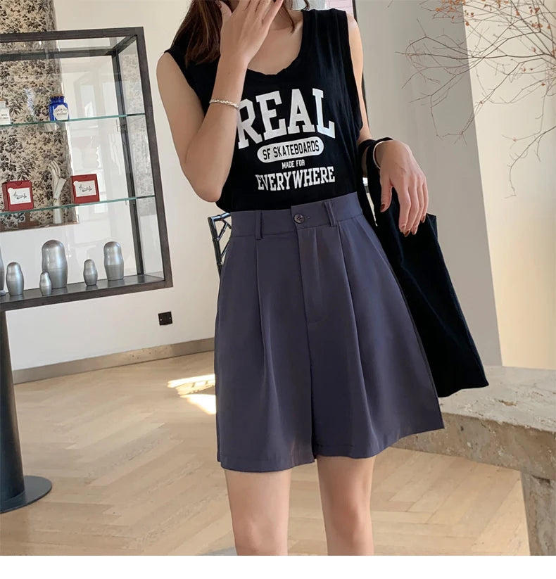 Jielur Women's Loose High Waist Suit Shorts Women Black Grey Blue Five-point Shorts Female Casual Wide-leg Shorts for Women S-XL