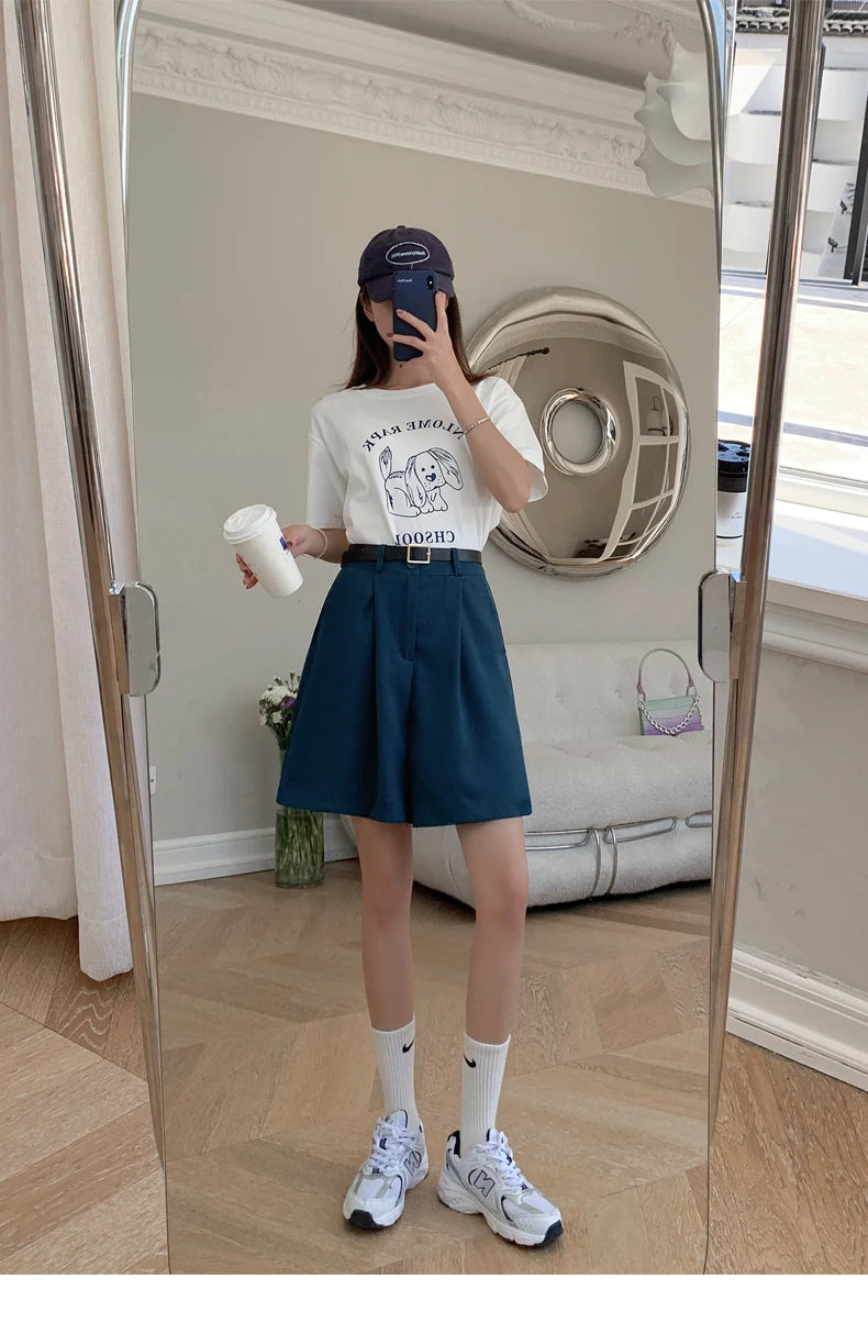 Jielur Women's Loose High Waist Suit Shorts Women Black Grey Blue Five-point Shorts Female Casual Wide-leg Shorts for Women S-XL