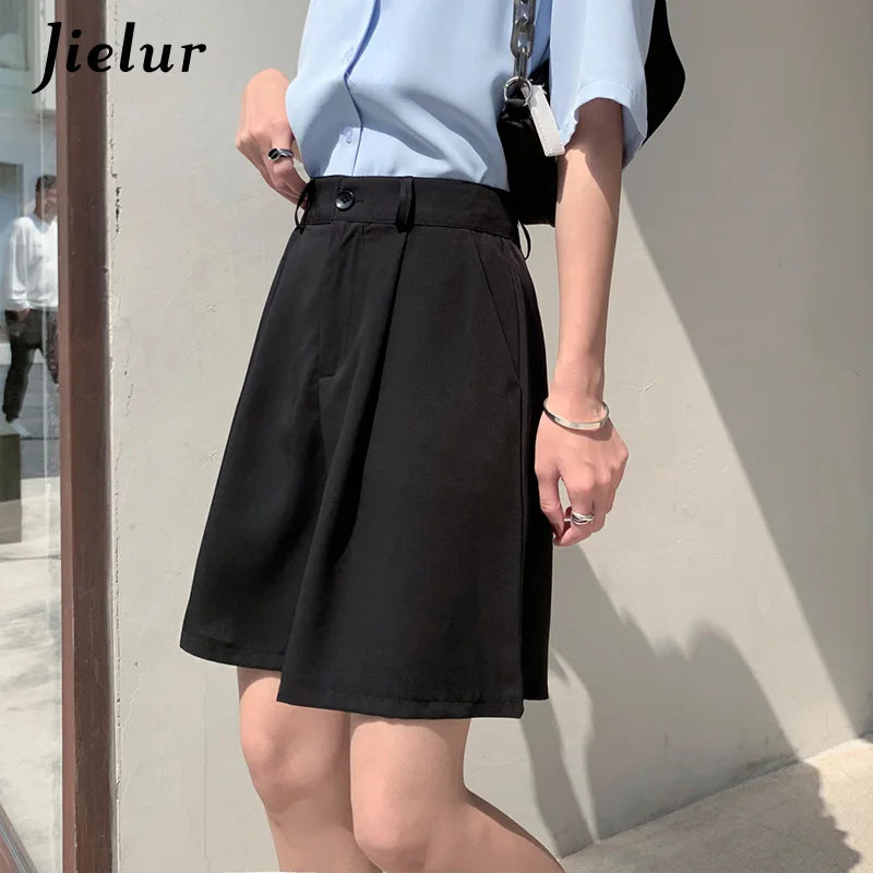 Jielur Women's Loose High Waist Suit Shorts Women Black Grey Blue Five-point Shorts Female Casual Wide-leg Shorts for Women S-XL