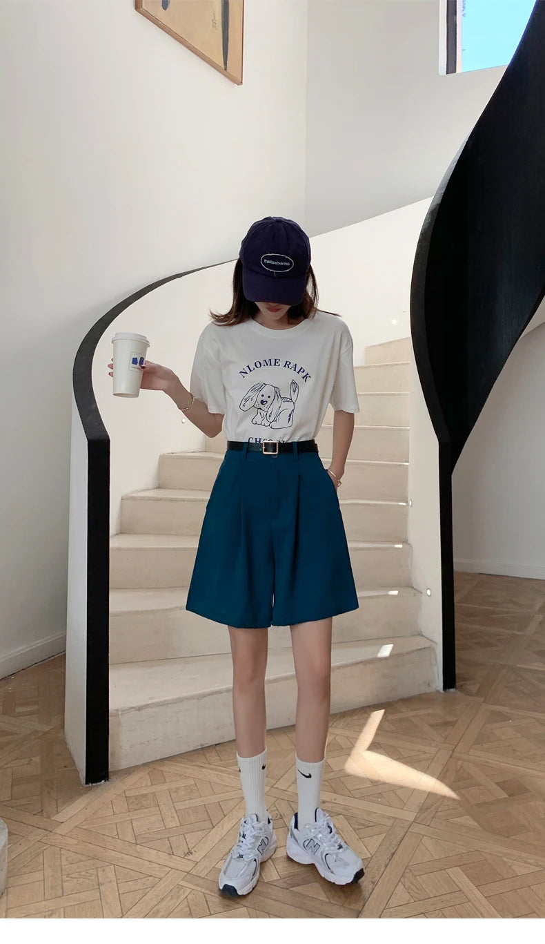 Jielur Women's Loose High Waist Suit Shorts Women Black Grey Blue Five-point Shorts Female Casual Wide-leg Shorts for Women S-XL