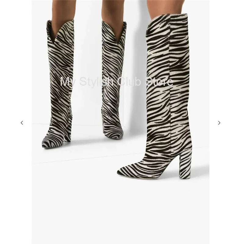 Zebra Pattern Knee High Boots Women Imitation Horse Hair Suede Boots 11 Cm Round Heel Boots Spring Autumn New Arrival High Boots