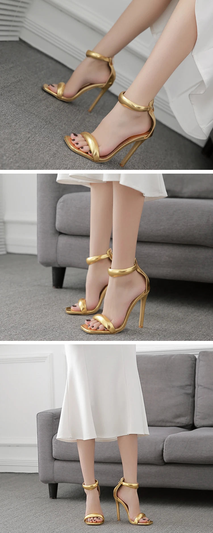 Eilyken Summer Silver Gold Peep Toe High Heel  Sandals Sexy Buckle Strap Ankle-Wrap Ladies Club Women Stripper Shoes