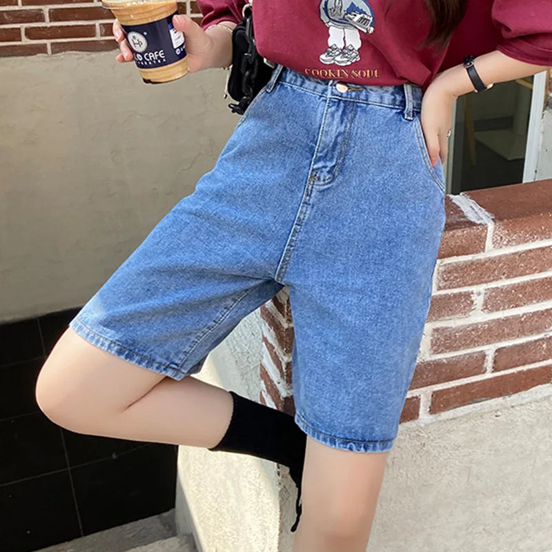 Jielur New Summer Women Vintage Wide Leg Straight Denim Shorts Streetwear Female Loose High Waist Retro Ladies Jeans Shorts