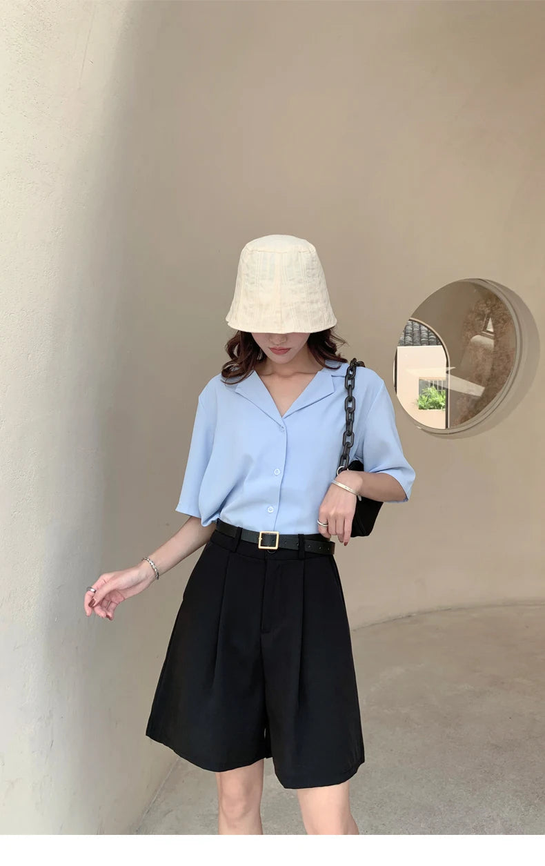 Jielur Women's Loose High Waist Suit Shorts Women Black Grey Blue Five-point Shorts Female Casual Wide-leg Shorts for Women S-XL