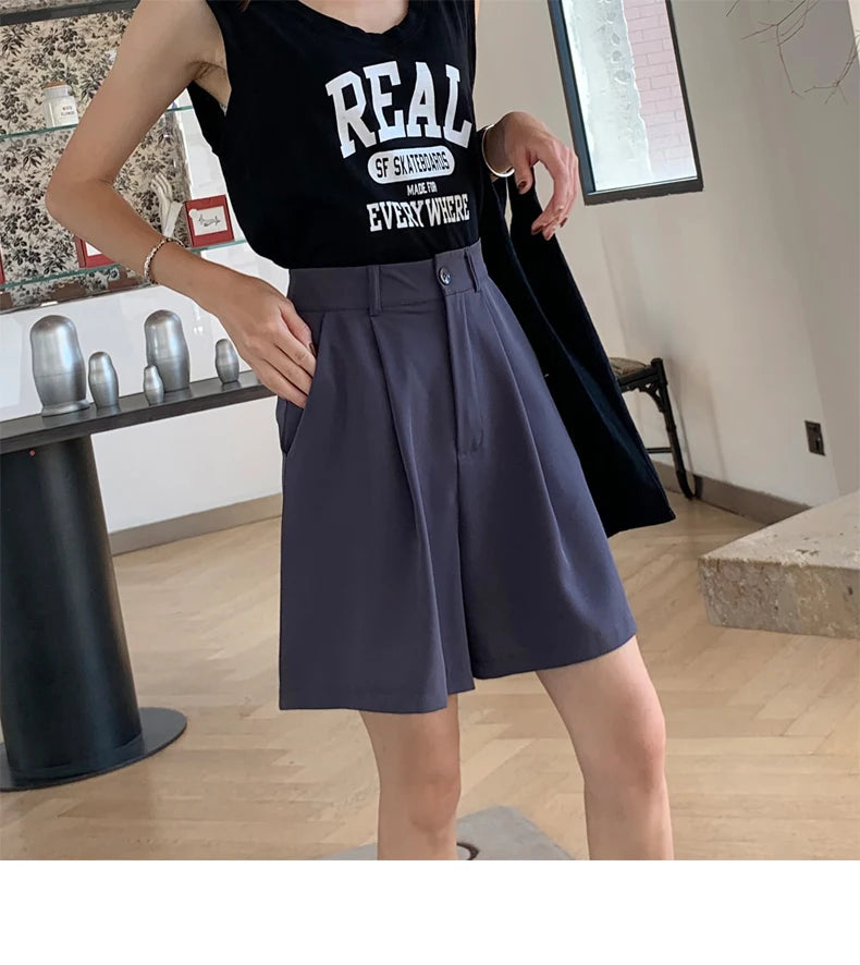 Jielur Women's Loose High Waist Suit Shorts Women Black Grey Blue Five-point Shorts Female Casual Wide-leg Shorts for Women S-XL