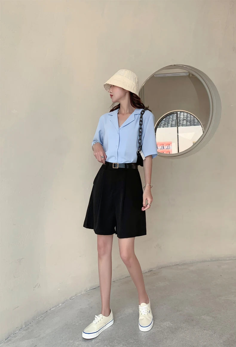 Jielur Women's Loose High Waist Suit Shorts Women Black Grey Blue Five-point Shorts Female Casual Wide-leg Shorts for Women S-XL