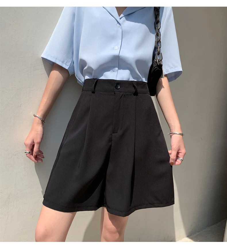 Jielur Women's Loose High Waist Suit Shorts Women Black Grey Blue Five-point Shorts Female Casual Wide-leg Shorts for Women S-XL