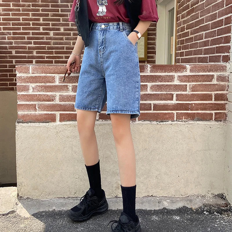 Jielur New Summer Women Vintage Wide Leg Straight Denim Shorts Streetwear Female Loose High Waist Retro Ladies Jeans Shorts