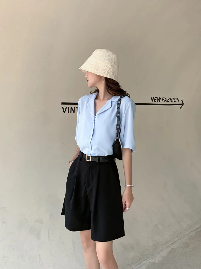 Jielur Women's Loose High Waist Suit Shorts Women Black Grey Blue Five-point Shorts Female Casual Wide-leg Shorts for Women S-XL