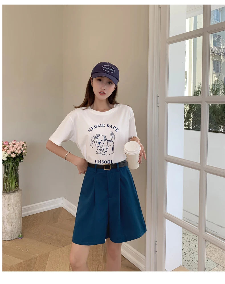 Jielur Women's Loose High Waist Suit Shorts Women Black Grey Blue Five-point Shorts Female Casual Wide-leg Shorts for Women S-XL