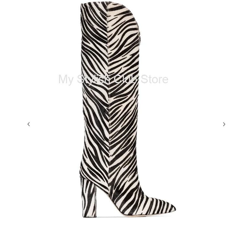 Zebra Pattern Knee High Boots Women Imitation Horse Hair Suede Boots 11 Cm Round Heel Boots Spring Autumn New Arrival High Boots