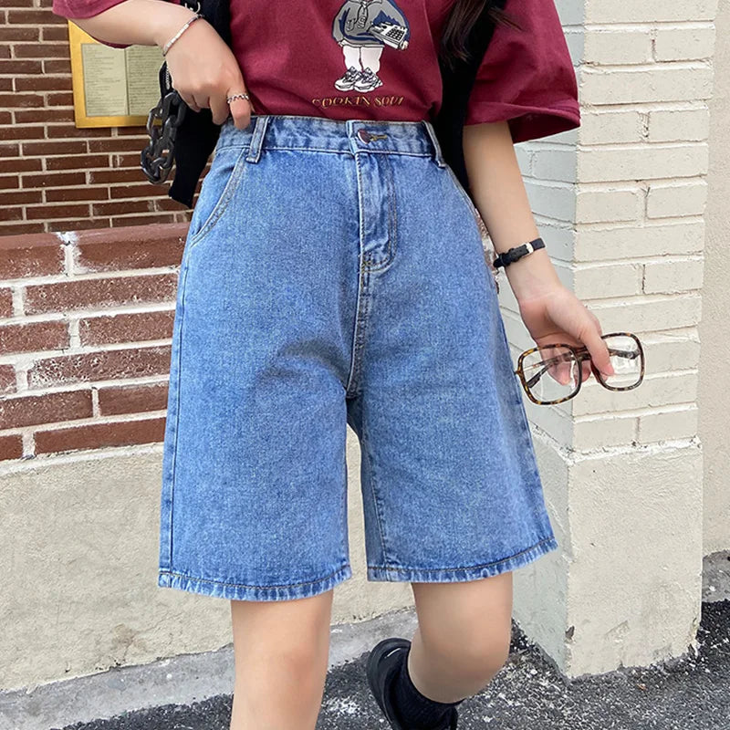 Jielur New Summer Women Vintage Wide Leg Straight Denim Shorts Streetwear Female Loose High Waist Retro Ladies Jeans Shorts
