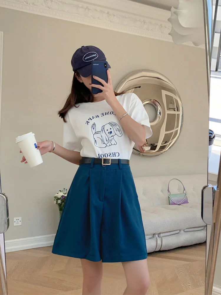 Jielur Women's Loose High Waist Suit Shorts Women Black Grey Blue Five-point Shorts Female Casual Wide-leg Shorts for Women S-XL