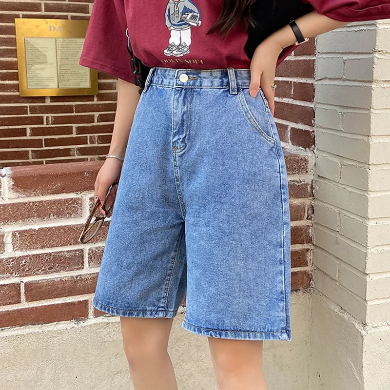 Jielur New Summer Women Vintage Wide Leg Straight Denim Shorts Streetwear Female Loose High Waist Retro Ladies Jeans Shorts