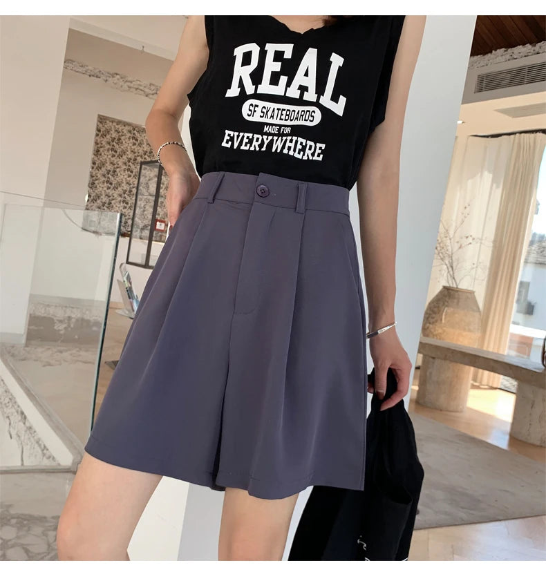 Jielur Women's Loose High Waist Suit Shorts Women Black Grey Blue Five-point Shorts Female Casual Wide-leg Shorts for Women S-XL