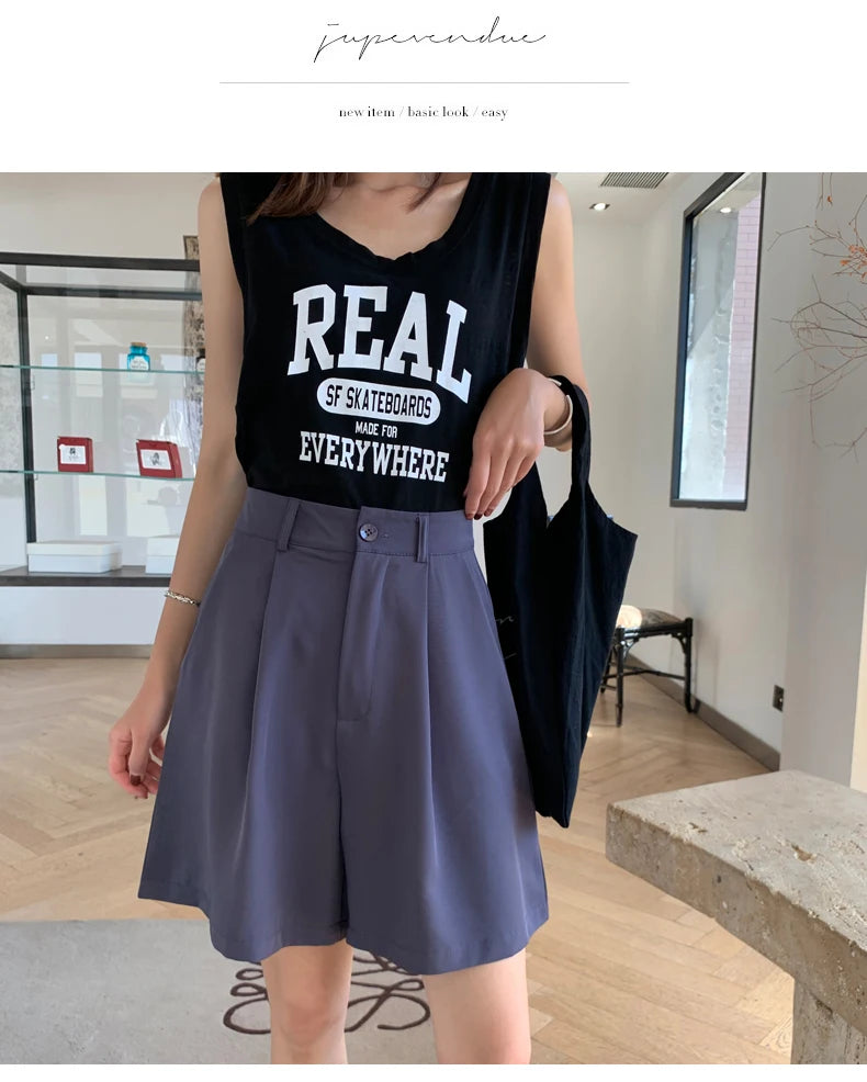 Jielur Women's Loose High Waist Suit Shorts Women Black Grey Blue Five-point Shorts Female Casual Wide-leg Shorts for Women S-XL