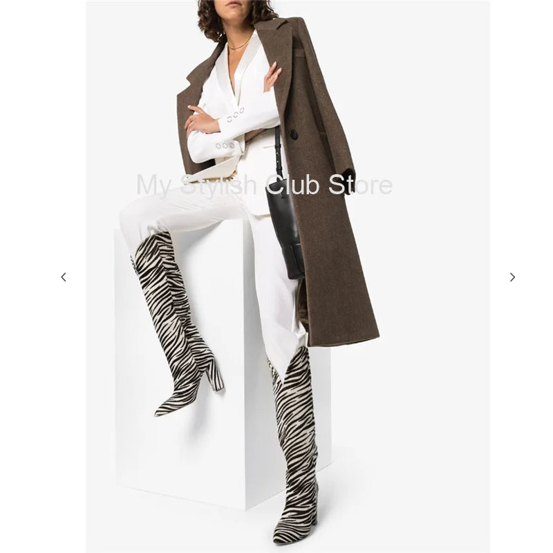 Zebra Pattern Knee High Boots Women Imitation Horse Hair Suede Boots 11 Cm Round Heel Boots Spring Autumn New Arrival High Boots