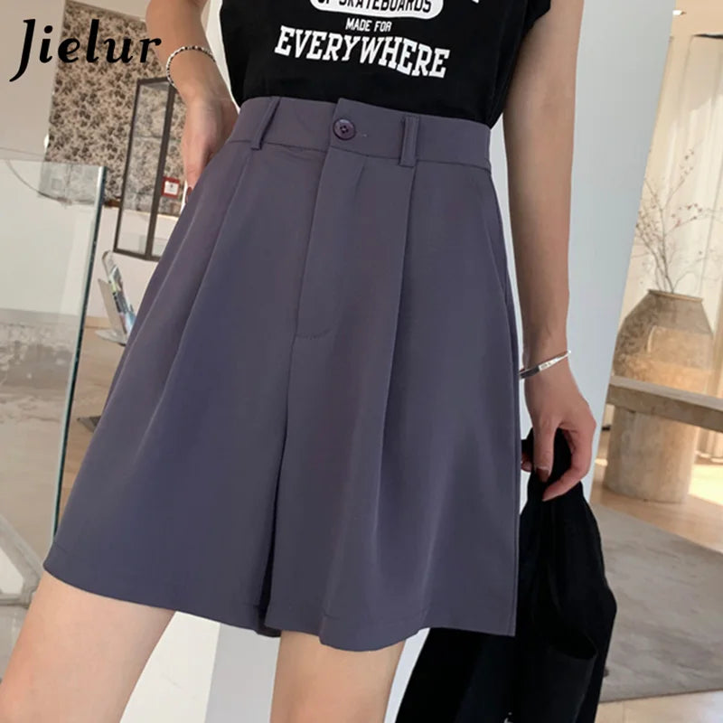 Jielur Women's Loose High Waist Suit Shorts Women Black Grey Blue Five-point Shorts Female Casual Wide-leg Shorts for Women S-XL