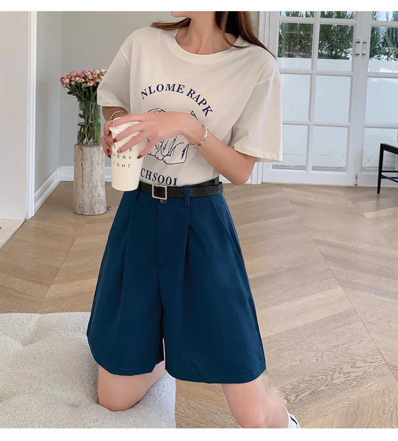 Jielur Women's Loose High Waist Suit Shorts Women Black Grey Blue Five-point Shorts Female Casual Wide-leg Shorts for Women S-XL