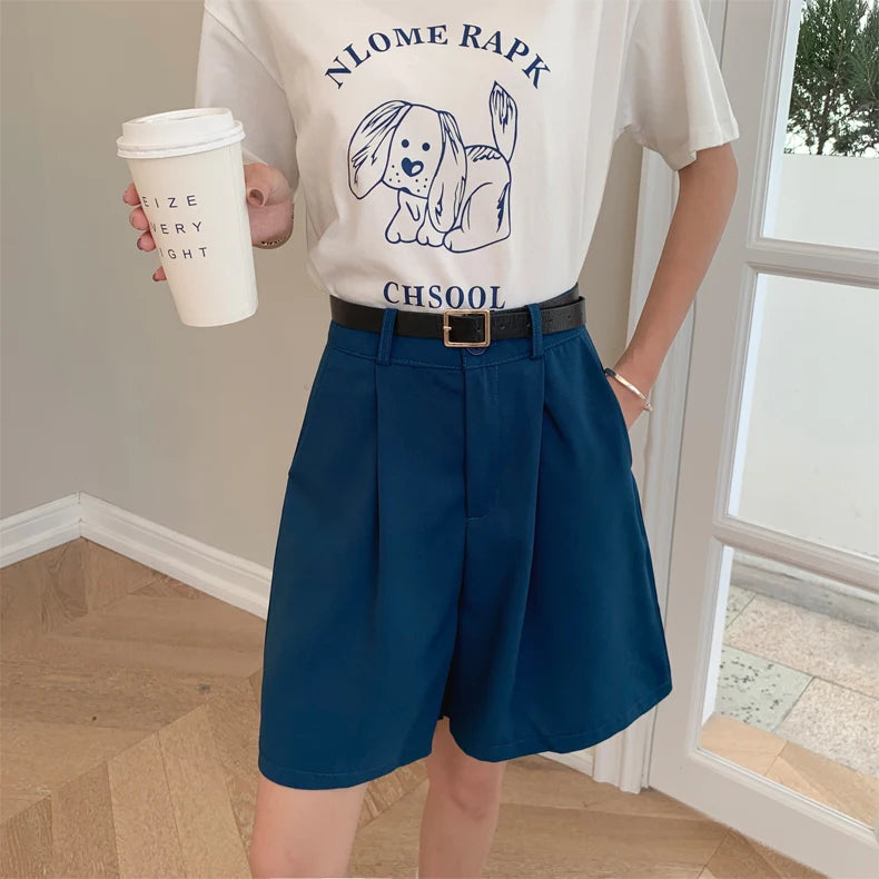 Jielur Women's Loose High Waist Suit Shorts Women Black Grey Blue Five-point Shorts Female Casual Wide-leg Shorts for Women S-XL