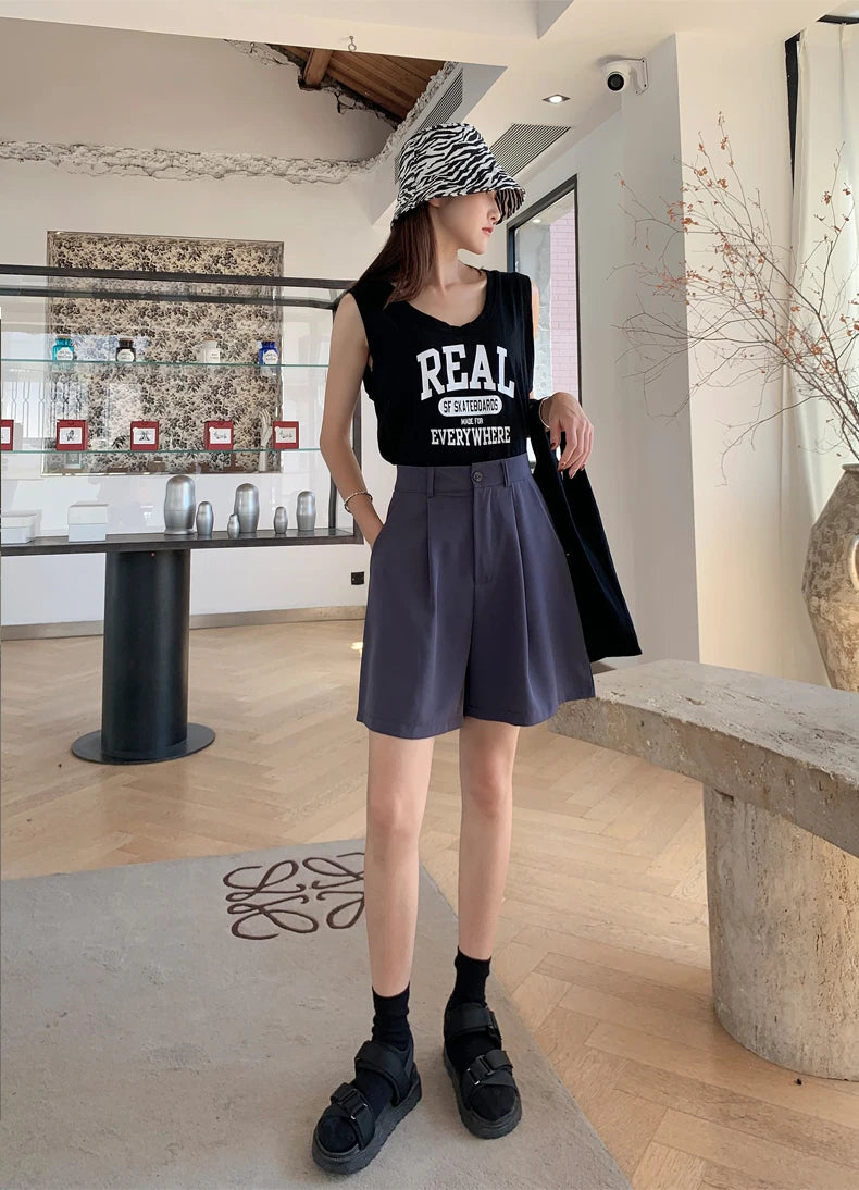 Jielur Women's Loose High Waist Suit Shorts Women Black Grey Blue Five-point Shorts Female Casual Wide-leg Shorts for Women S-XL