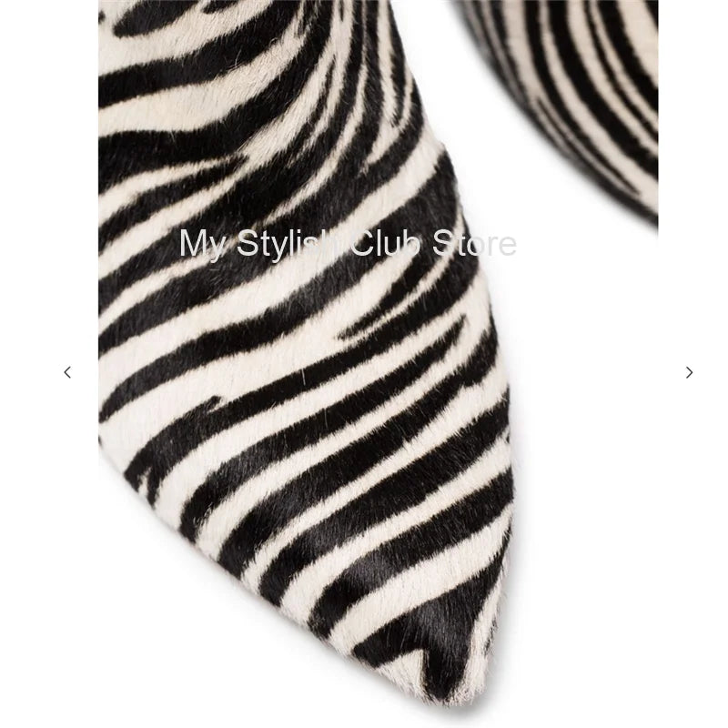 Zebra Pattern Knee High Boots Women Imitation Horse Hair Suede Boots 11 Cm Round Heel Boots Spring Autumn New Arrival High Boots