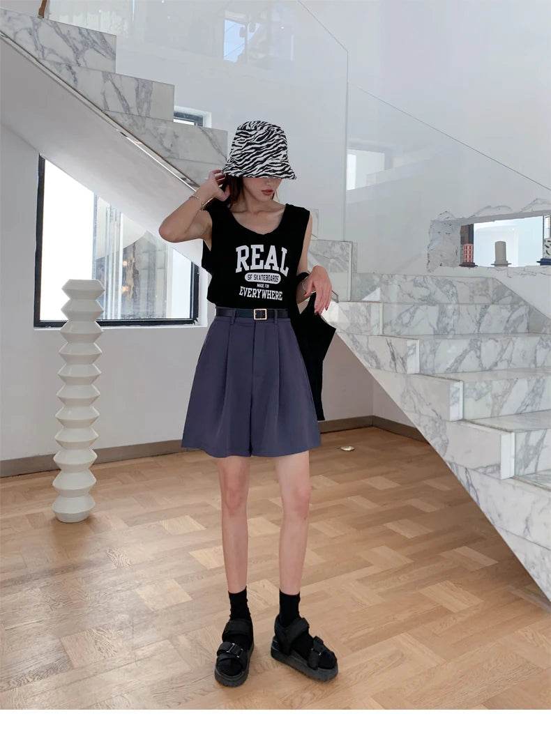 Jielur Women's Loose High Waist Suit Shorts Women Black Grey Blue Five-point Shorts Female Casual Wide-leg Shorts for Women S-XL