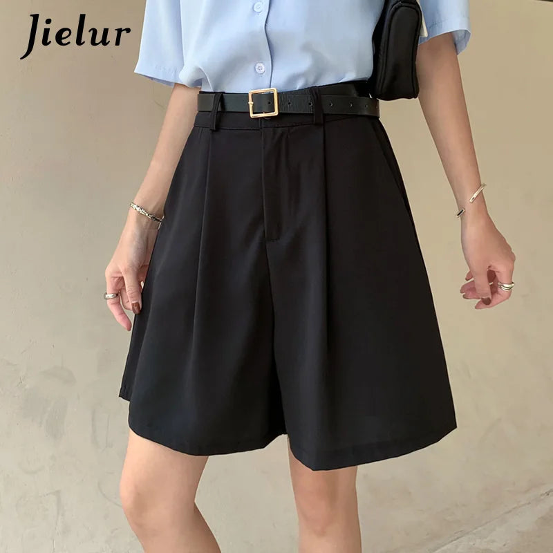 Jielur Women's Loose High Waist Suit Shorts Women Black Grey Blue Five-point Shorts Female Casual Wide-leg Shorts for Women S-XL