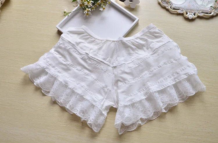 Multilayer Lace Shorts Women Lolita Ribbons Flower Ruffles Elastic Waist Cute Bottoming Shorts for Sweet Girls Kawaii Clothes