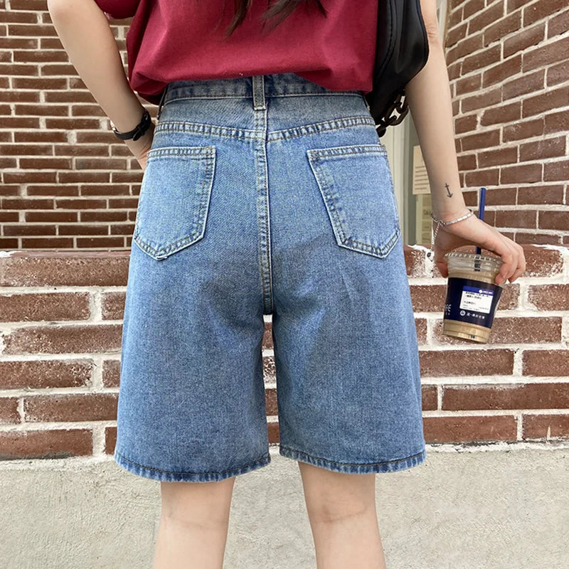 Jielur New Summer Women Vintage Wide Leg Straight Denim Shorts Streetwear Female Loose High Waist Retro Ladies Jeans Shorts
