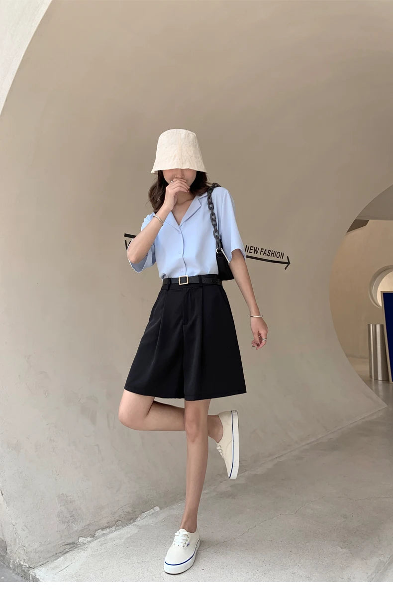 Jielur Women's Loose High Waist Suit Shorts Women Black Grey Blue Five-point Shorts Female Casual Wide-leg Shorts for Women S-XL