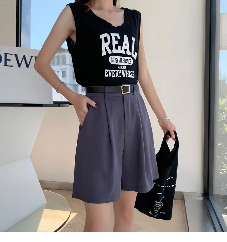 Jielur Women's Loose High Waist Suit Shorts Women Black Grey Blue Five-point Shorts Female Casual Wide-leg Shorts for Women S-XL