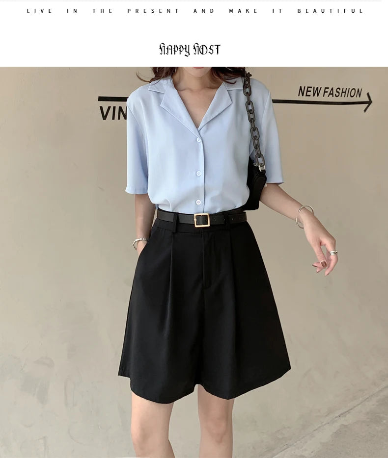 Jielur Women's Loose High Waist Suit Shorts Women Black Grey Blue Five-point Shorts Female Casual Wide-leg Shorts for Women S-XL
