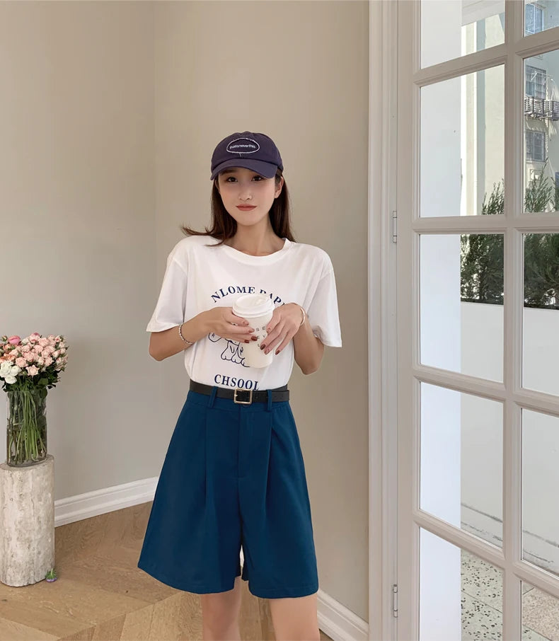 Jielur Women's Loose High Waist Suit Shorts Women Black Grey Blue Five-point Shorts Female Casual Wide-leg Shorts for Women S-XL