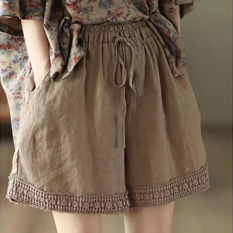 Cotton and Linen Shorts for Women Wearing Thin Mother Cotton and Linen Pants for Women Large Size Casual Linen Wide-leg Pants
