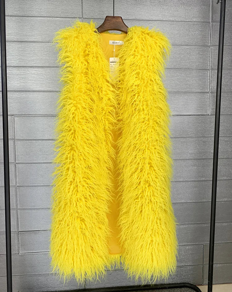 Winer Women Warm Faux Fur Plush Coats Mongolia Sheep Fur Women Long Vest Female Jacket Autumn Furry Sleeveless Outerwear 2024