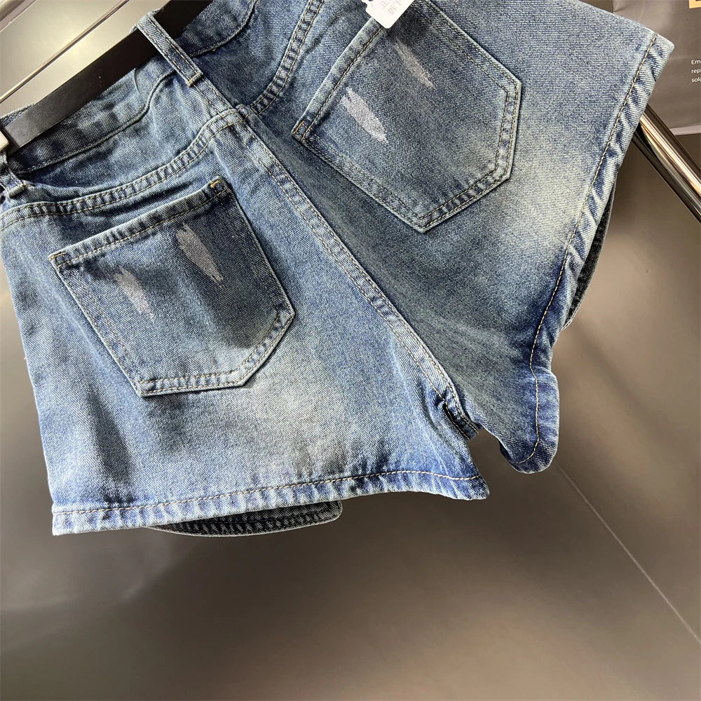 Women's Elastic Bud Denim Shorts High Waist Pocket Loose Wide Leg Jeans Pants Streetwear Casual Summer Fashion Short Pants