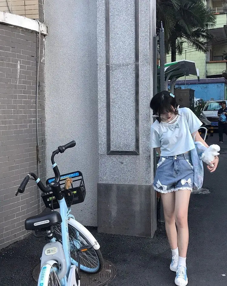 Japanese Preppy Style Bow Lace Patchwork Y2k Shorts Women Summer Straight Hotsweet High Waist Denim Short Pants Ruched