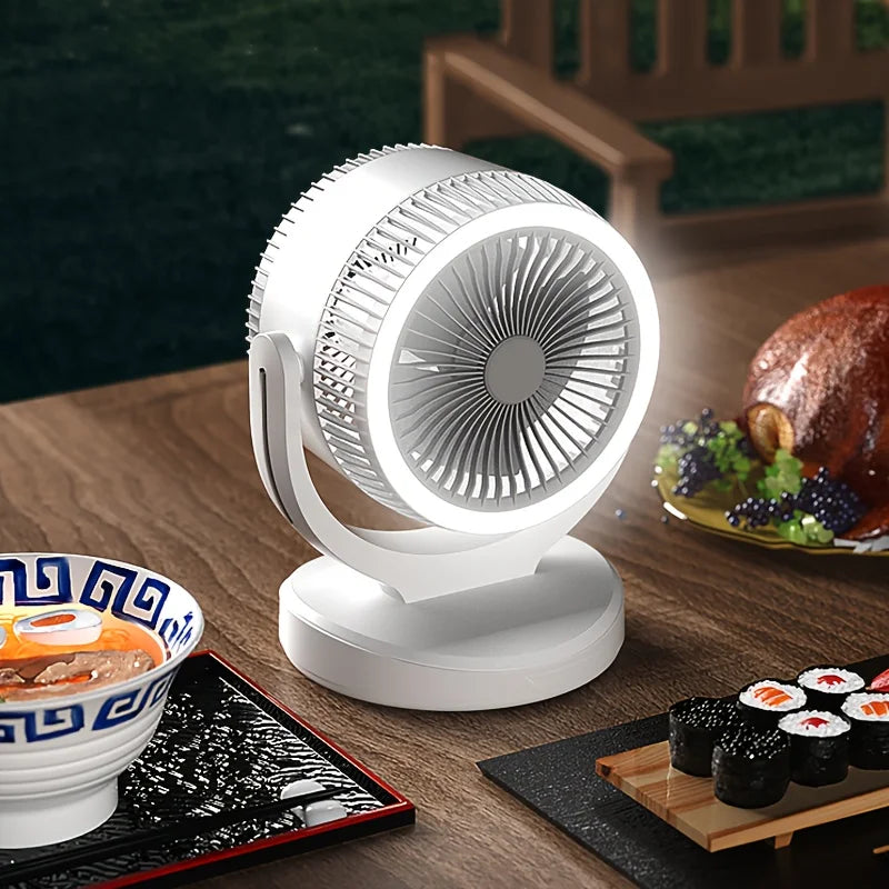 360-Degree Rotatable White Desk Fan with Night Light Charging Air Cycle Desktop Fan Adjustable Airflow for Indoor & Outdoor Use