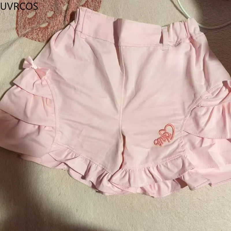 Pink Sweet Lolita Style Shorts Women Summer Kawaii Elastic Waist Ruffles Bow Short Pants Girl Japanese Y2k Aesthetic Cute Shorts