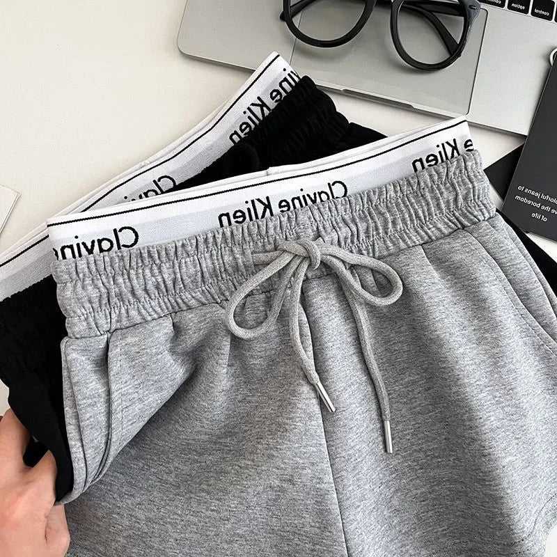 High Waist Drawstring Elastic Shorts Casual Sports Hot Pants Women's Summer New Letter Print Slimming Fake Two-Piece Pants