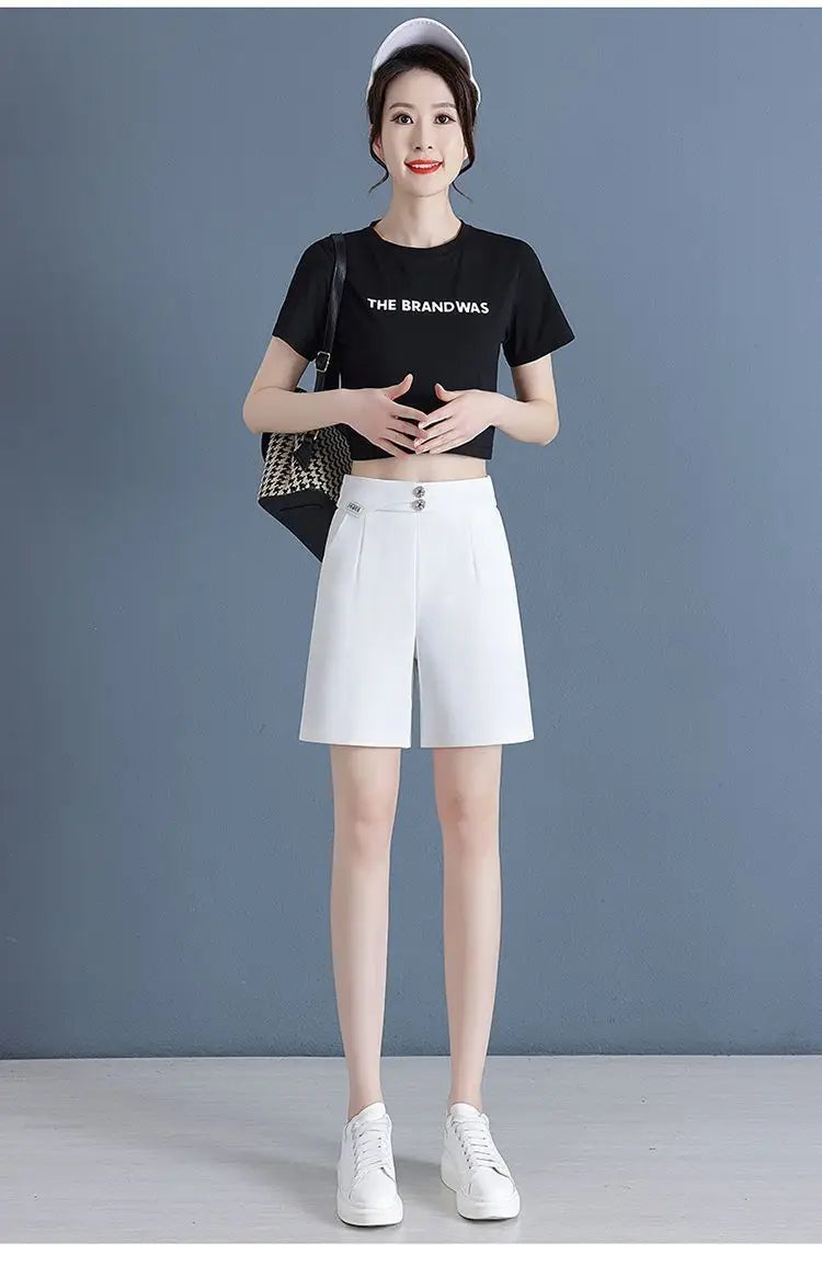 Women Korean Fashion Elegant High Waist Slim Straight Short Pants 2024 Summer Office Lady Chic Commute Casual Black White Shorts
