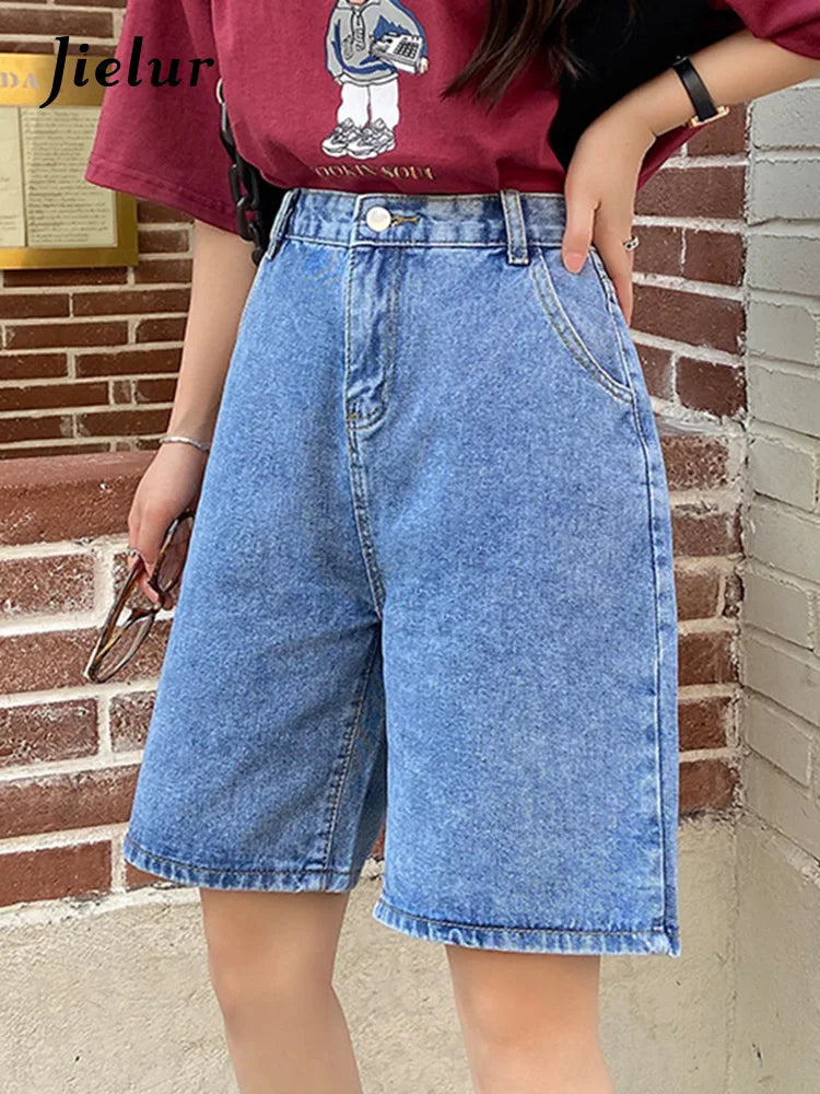 Jielur New Summer Women Vintage Wide Leg Straight Denim Shorts Streetwear Female Loose High Waist Retro Ladies Jeans Shorts