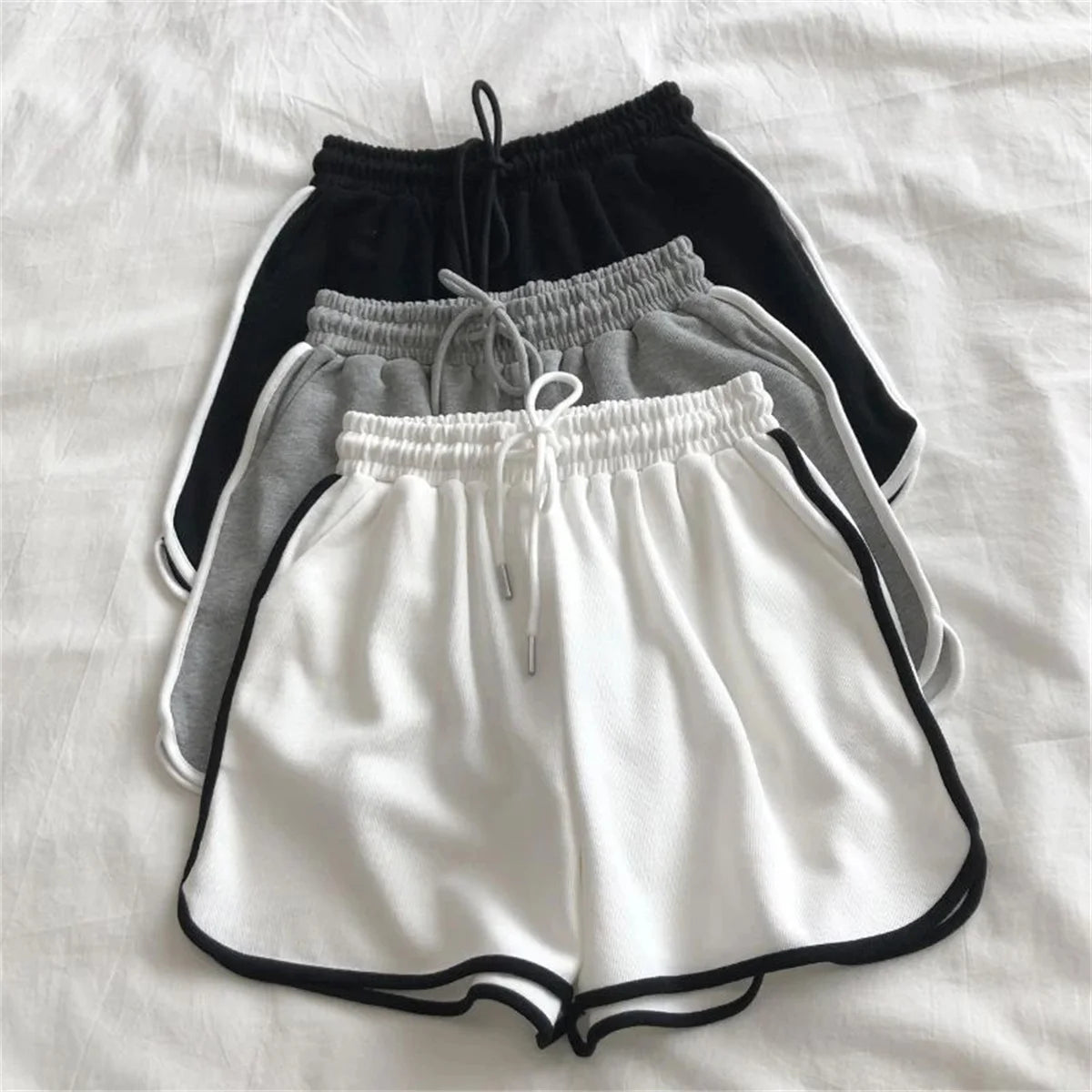 Korean Simple Casual Striped Shorts Women Summer Fashion Elastic High Waist Short Pant Yoga Sports Clothes Retro Street Shorts