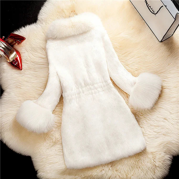 Mid-aged Fur Winter Coat Women Jacket Warm Fuzzy Faux Fur Slim Fit V Neck Overcoat Ladies Mid Length Cold-proof Winter Outerwear