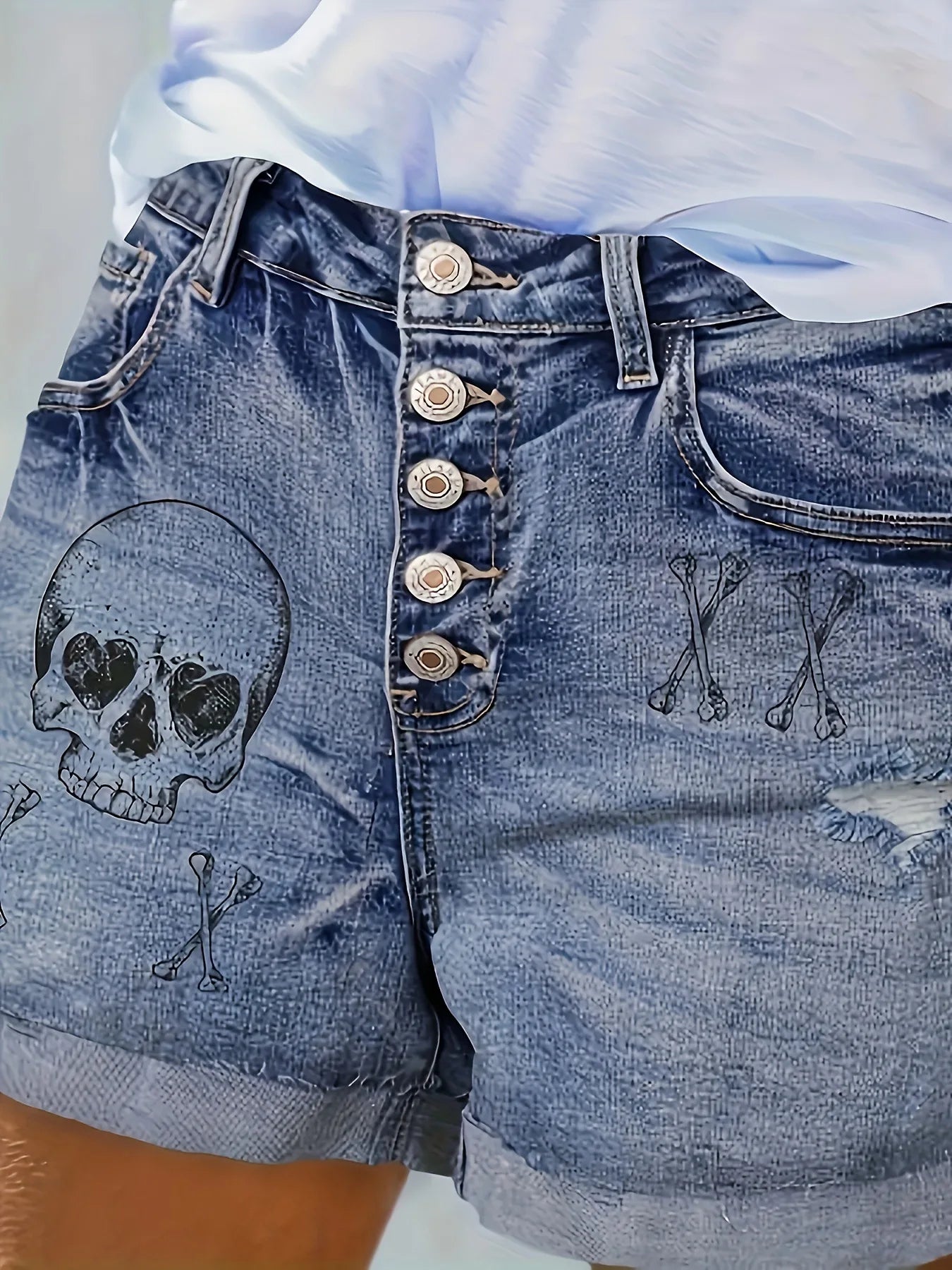 2025 Summer New Retro Punk Skull Printed Ripped Denim Shorts For Women Casual Elastic Curled Jeans Shorts