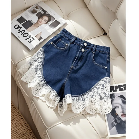 Limiguyue Summer High Waist JeansShort Double Pockets Lace Patchwork Denim Trousers Women Loose Wide Leg Cowboy Shorts New 304A